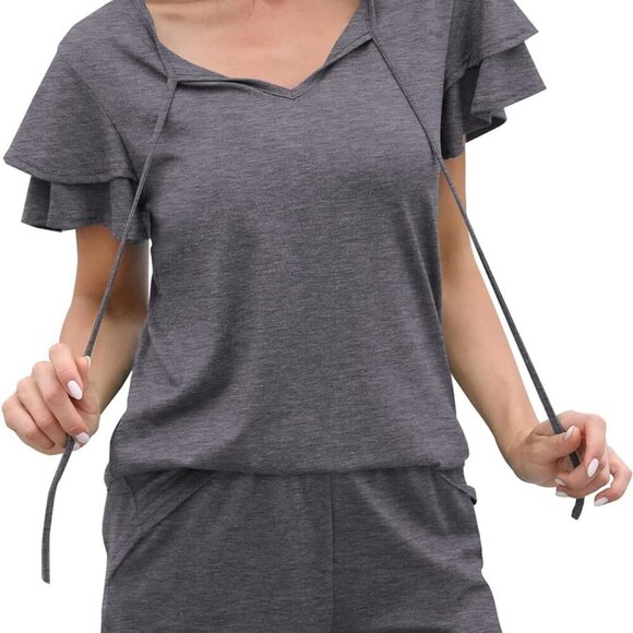 Summer Outfits for Women 2 Piece Short Sleeve V Neck Lounge Sets Casual - Picture 3 of 4